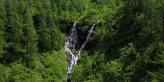 夏季松树林中的空中瀑布。奥地利蒂罗尔