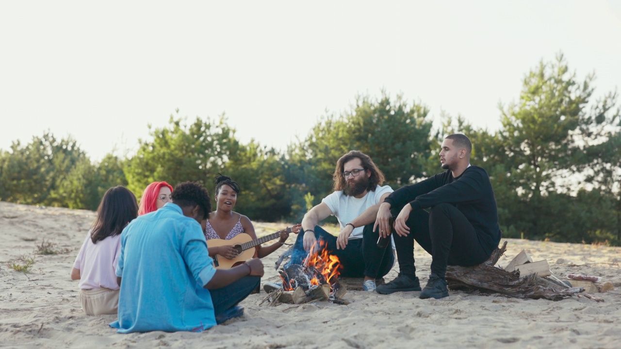 朋友们坐在湖边的沙滩上，一起消磨时间，在篝火旁玩耍，放松，一个女人弹吉他，唱歌，喝啤酒