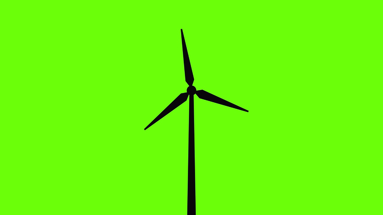 风力涡轮机动画。生态站。风能的概念。绿色的屏幕。4 k