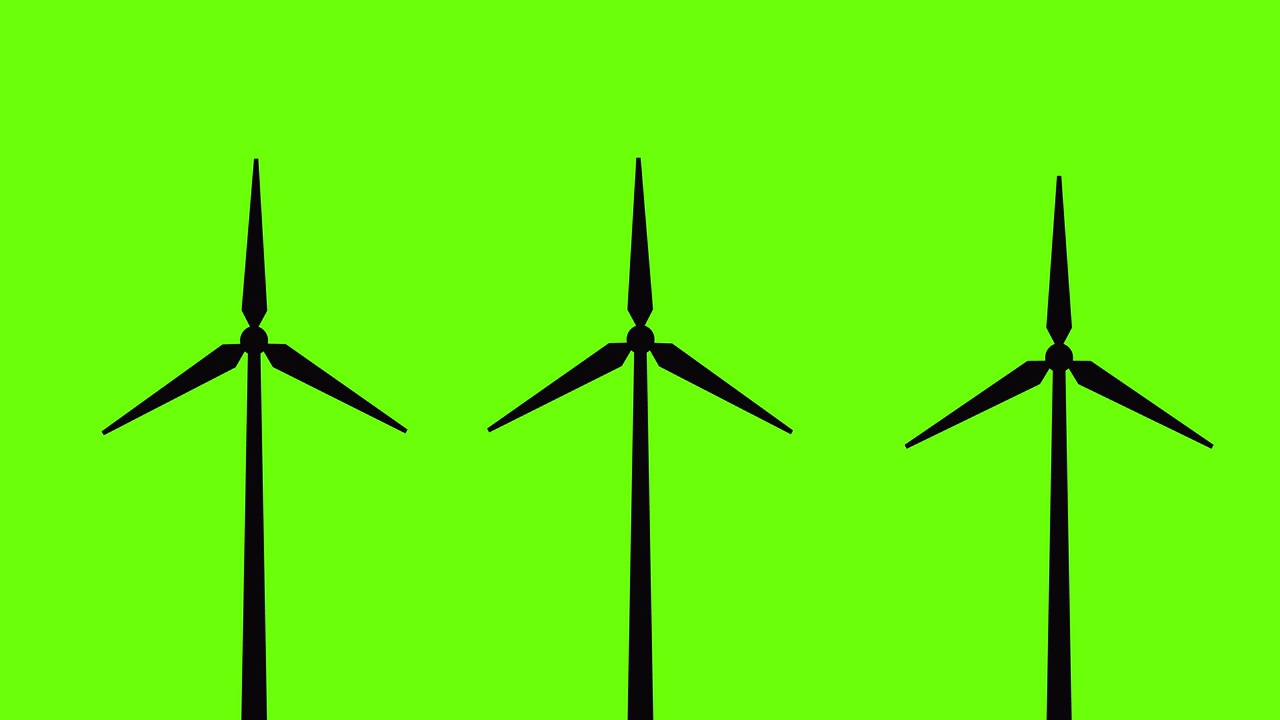风力发电机组动画。生态站。风能的概念。绿色的屏幕。4 k