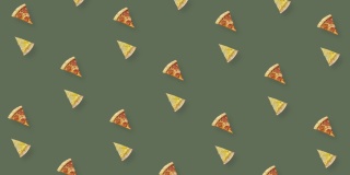 旋转披萨的彩色图案。披萨切片的无缝图案。前视图。现实的动画。4 k视频运动