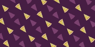 披萨的彩色图案孤立在深紫色的背景上。披萨切片的无缝图案。前视图。现实的动画。4 k视频运动