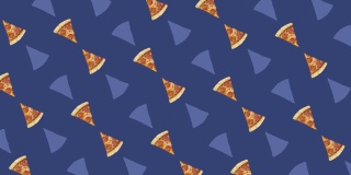 披萨的彩色图案孤立在蓝色背景上。披萨切片的无缝图案。前视图。现实的动画。4 k视频运动