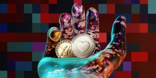 区块链，一种由金、银、铜组成的虚拟货币，在一个人工智能电子人的手掌中旋转。