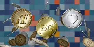 区块链，马赛克背景，大量的钱飞来飞去，银，铜虚拟货币