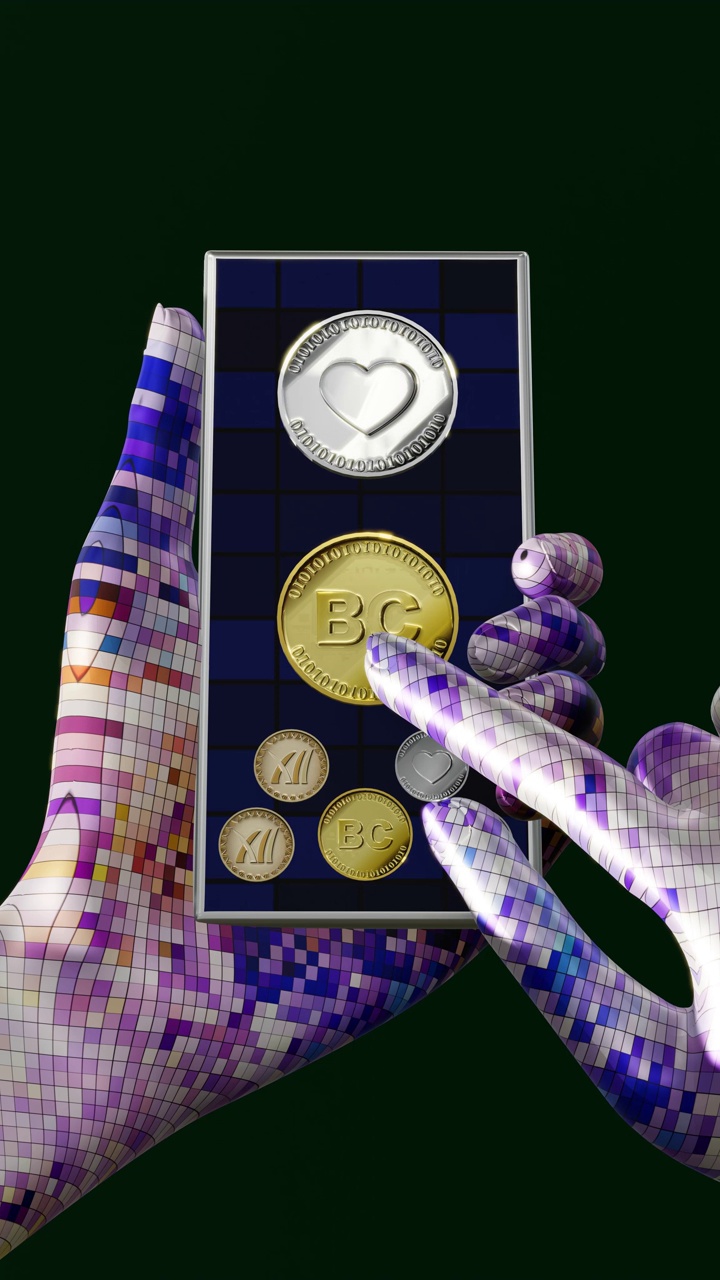 一个人工智能机器人正在他的智能手机上玩虚拟货币。