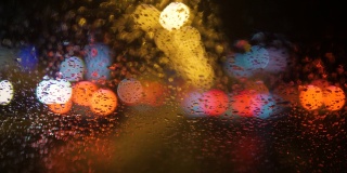 雨滴沿着汽车挡风玻璃流下的特写镜头