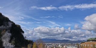 前景中有温泉蒸汽的京都城市。