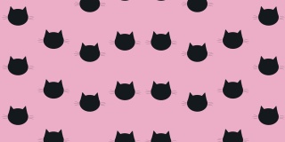 粉红色背景上黑猫头的彩色图案。无缝图案与猫的脸。前视图。狗、猫的脚印背景。4 k视频运动
