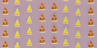 披萨的彩色图案孤立在粉红色的背景上。披萨切片的无缝图案。前视图。现实的动画。4 k视频运动