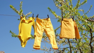 风和日丽的一天，在湛蓝的天空和梅花的枝头上，洗过的黄色婴儿衣服挂在晾衣绳上，在风中晒干。视频素材模板下载