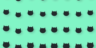 黑色猫头在绿色背景的彩色图案。无缝图案与猫的脸。前视图。动物剪影。4 k视频运动