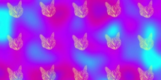 猫头图案在充满活力的梯度全息霓虹灯颜色。概念艺术。最小的超现实主义的背景。无缝图案与猫的脸。现实的动画。4 k视频运动