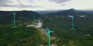 风力发电的鸟瞰图与绿色能源产生的运动图形概念。未来科技的数码效果。