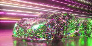 未来的概念。钻石跑车在发光的霓虹灯线的背景上。粉红色的绿色。三维动画