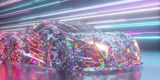 未来的概念。钻石跑车在发光的霓虹灯线的背景上。蓝色紫色。三维动画
