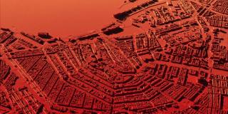 地图上的3D城市模型与房屋颜色红色光滑倾斜的建筑动画。