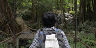 背后拍摄的女性自然旅行者背着背包走在木桥上，目的是在热带森林的瀑布。徒步穿越绿色植物和美丽的丛林。