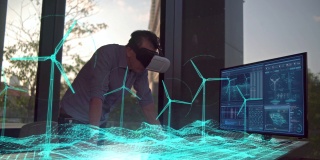 未来派男性工程师戴着虚拟现实眼镜与未来派全息图一起工作，用风力涡轮机创造替代能源解决方案