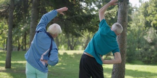 后视镜高级白人男子和女子伸展弯曲在公园户外慢动作训练。适合在阳光明媚的日子里一起健身的灰发夫妇。健康的生活方式和老龄化观念。