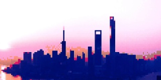 T/L像素艺术都市，上海天际线鸟瞰图