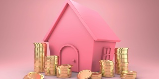 金币掉进了家里的扑满里。粉色的房子储蓄罐收硬币时变大，金币出现很多。省钱和房产投资理念。3 d动画。