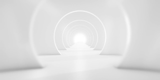 飞越未来主义的白色隧道。(可循环的)抽象3D动画。照明走廊、室内设计、太空、科学、实验室、技术、科学、建筑、工业的概念