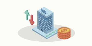 金融经济动画与银行建筑和硬币