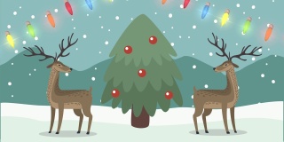 圣诞树和驯鹿雪景
