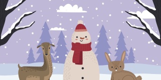 圣诞雪人和动物雪景