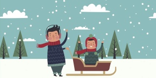 父子俩在雪景的雪地里滑雪