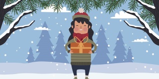 女人与礼物冬季场景动画
