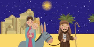 圣诞快乐动画与圣洁的家庭在驴