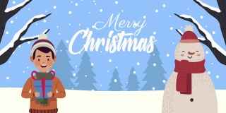 圣诞快乐的字母与人和雪人的动画
