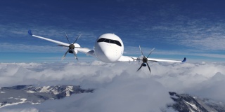 氢气填充H2飞机在天空中飞行-未来H2能源的概念。三维渲染