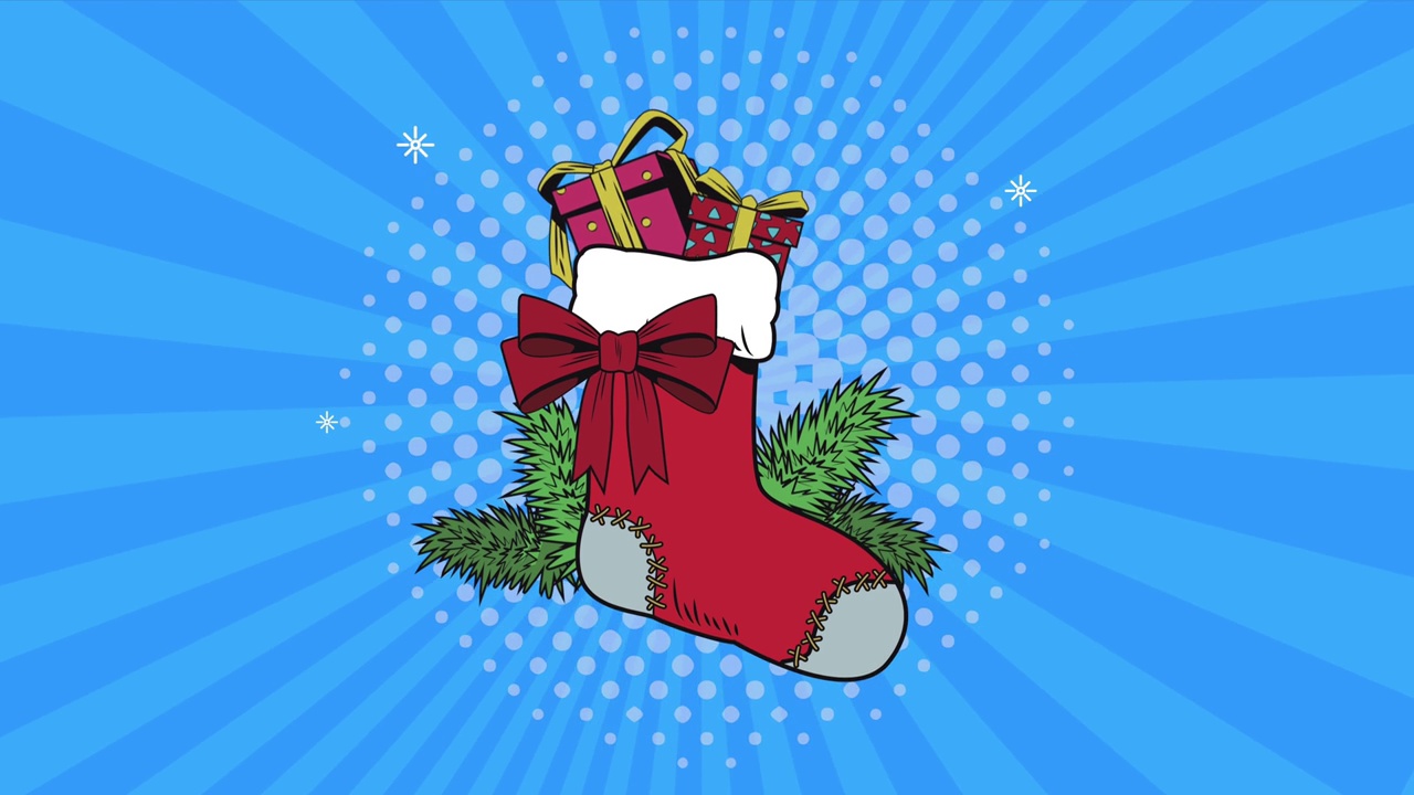 圣诞流行艺术动画与袜子和礼物