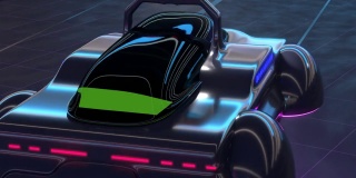 后面装着4K赛博朋克飞车假3D游戏车。赛博朋克的快速游戏车，发光的紫色和粉红色。未来主义的背景
