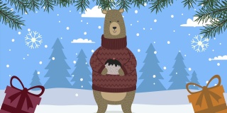 圣诞快乐，小熊和礼物动画