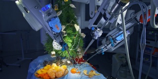 智能机器上的圣诞树背景。机器人设备为新年剥橘子。未来的技术。