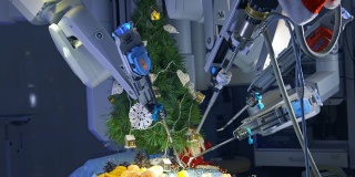 未来机器人新年装备。机器手臂在桌子上剥橘子。现代工程。为圣诞节准备的新机器。