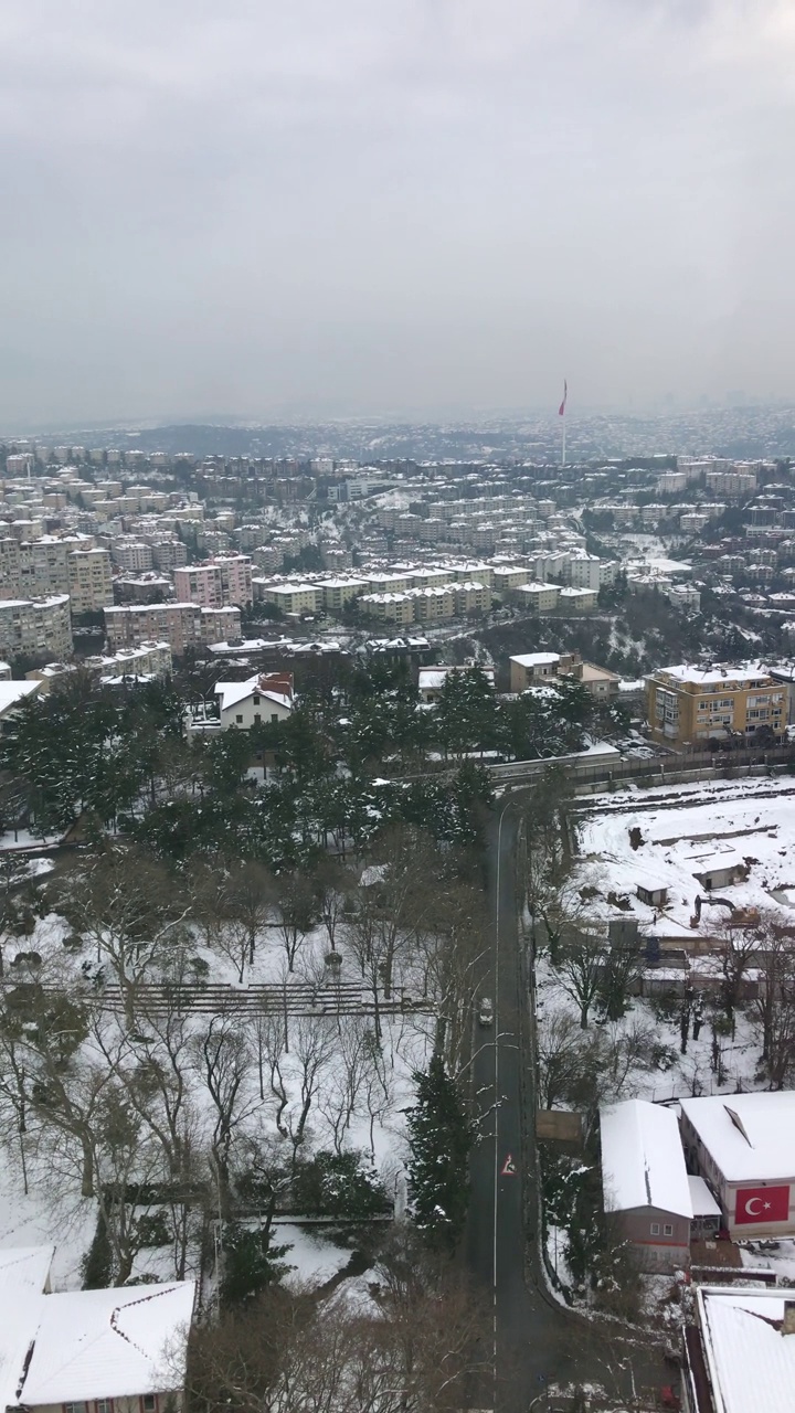 从伊斯坦布尔的冬季来看，房屋被白雪覆盖。