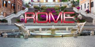 在西班牙广场(Piazza di Spagna)和Trinità dei Monti的背景上用大字写着“罗马”。
