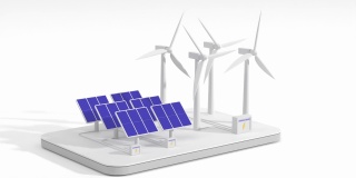 3d动画、等距风力涡轮机和带电池的太阳能电池板。可再生绿色能源产业，电力生产，生态清洁发电，环保，节约