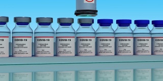 实验室大规模生产SARS-COV-2新型冠状病毒疫苗，科研实验室在药物输送带上移动的安瓿瓶上盖。循环素材。3d渲染
