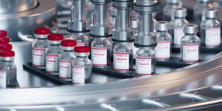 Sars-COV-2新型冠状病毒肺炎疫苗批量生产自动化流程该机为在制药输送带上移动的玻璃瓶盖上红帽。无尽的3d动画，重复的动作