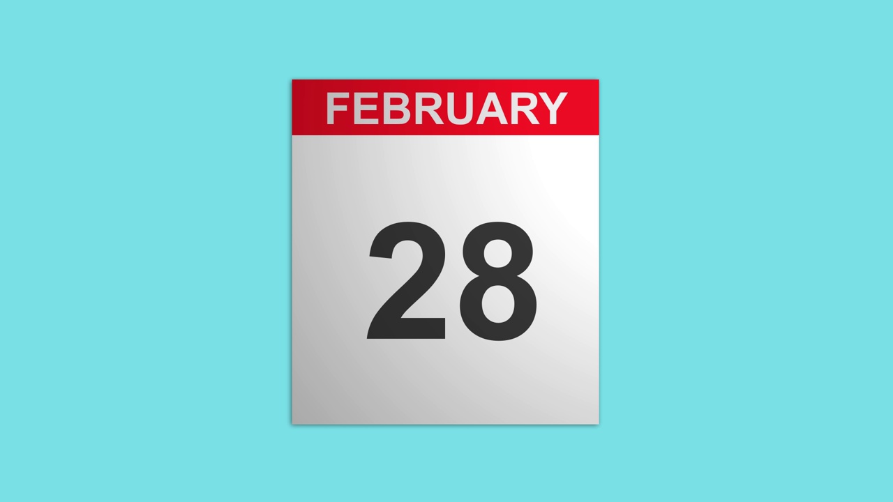 一个日历的特写，在二月的日子里翻来翻去，用蓝色的屏幕背景拍摄