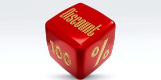 销售折扣100%骰子立方体视频。特价价格标志红色和金色的白色背景。10、20、30、40、50、60、70、80、90和100%的折扣，大减价，购物，折扣