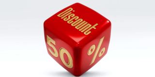 销售折扣50%的骰子立方体视频。特价价格标志红色和金色的白色背景。10、20、30、40、50、60、70、80、90和100%的折扣，大减价，购物，折扣