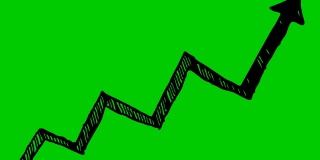 动画财务增长图表与趋势线图。黑色的箭头图标。经济增长条形图。手绘矢量插图孤立在绿色背景上。