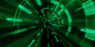 霓虹灯移动旋转数字绿色二元隧道，通往黑色空间。4 k运动图形